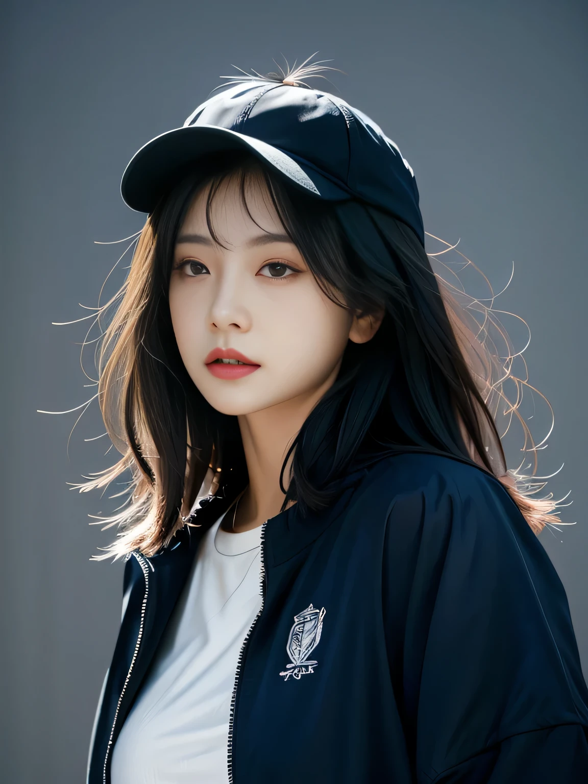 tmasterpiece, Best quality, 4K, hyper HD, Sanzhuang City, Draw one, Beautiful eyes and delicate face, illuminations, Beautifully meticulous, high resolution illuminations, glowing_The white_Particle, 1 busty girl, The white hair, Lilac eyes, hair covering one eye, short side details, baseball cap,face expressionless, 窗帘, Black jacket, equip, cyber punk personage, techwear outfits,(Impresionismo:1.4)