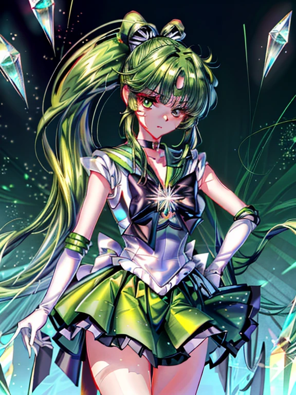 (8K, Best Quality, tmasterpiece:1.2),\(eye detailed\),\(Facial features\),(\(Detailed details of clothes\)\),(huge title body esbian, Super skirt,Sailor Senshi Uniform,(Facial Focus) ,Very detailed CG Unity 8K wallpaper,hugefilesize,ultra - detailed,hight resolution,absurderes,beautidful eyes,Ray traching,Dramatic shadows,Up to detail,Dramatic angles,Hyper-detailing,(solo),anime styled、Very long straight ponytail hair tied with a ribbon、Green head hair、Green sailor color、Green Absolute Short Mini Scarbow Gloves、(Crystal on background:1.2)、1girl in、独奏