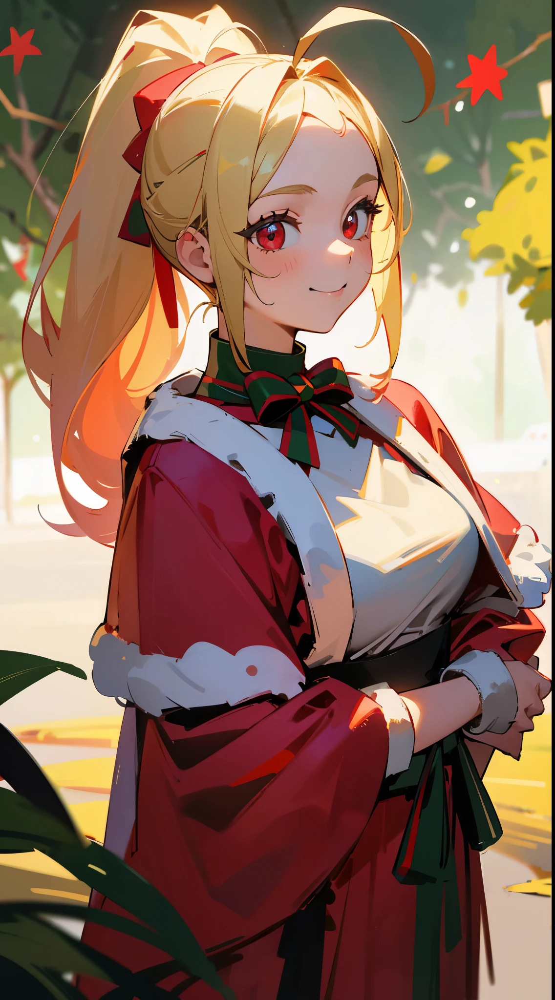 18 year old girl, Santa Claus Costume、Blonde ponytail、Ahoge、big round red eyes、A slight smil、Laugh、small tits、Realistic painting in every detail, Christmas Outdoors、Colors based on red and green