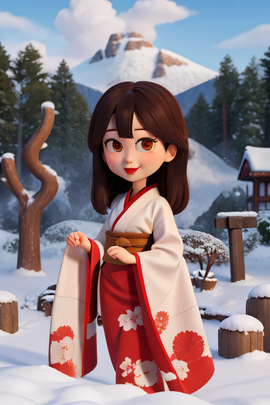 Brown-haired woman, yuki-onna, beautiful white kimono, Snowy mountains, tree with fallen leaves々, skyporn + Clouds + Snow, Cute, Red Lipstick, Big lips, Big eyes, Eye color is brown, Cheerful Disney/Pixar-style characters