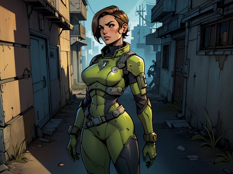 um personagem do jogo fallout 3, caminhando sozinho por uma cidade em ruinas, jogo fallout 3, ((uma personagem feminina usando [Armored Vault jumpsuit azul com detalhes em cinza], universo de fallout 3)), Natural Dynamic Pose, cidade em ruinas, melhor qualidade, ultra detalhada, bem desenhado, anatomia perfeita, proporcional, character within the golden ratio of the scene