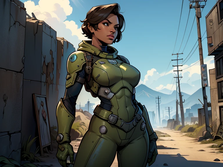 um personagem do jogo fallout 3, caminhando sozinho por uma cidade em ruinas, jogo fallout 3, ((uma personagem feminina usando [Armored Vault jumpsuit azul com detalhes em cinza], universo de fallout 3)), Natural Dynamic Pose, cidade em ruinas, melhor qualidade, ultra detalhada, bem desenhado, anatomia perfeita, proporcional, character within the golden ratio of the scene