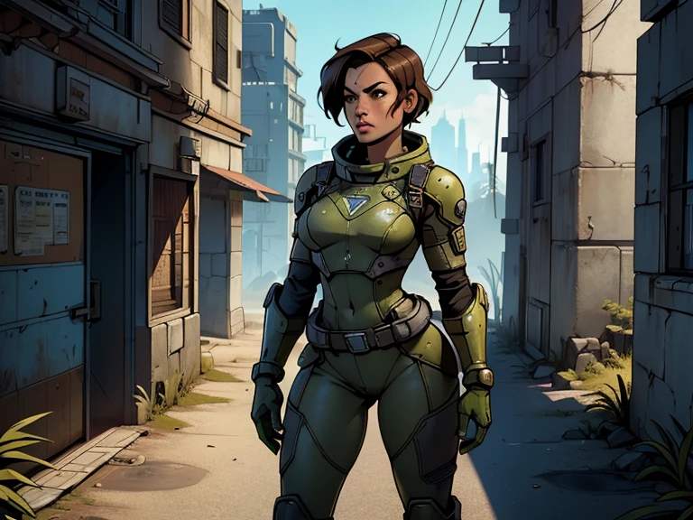 um personagem do jogo fallout 3, caminhando sozinho por uma cidade em ruinas, jogo fallout 3, ((uma personagem feminina usando [Armored Vault jumpsuit azul com detalhes em cinza], universo de fallout 3)), Natural Dynamic Pose, cidade em ruinas, melhor qualidade, ultra detalhada, bem desenhado, anatomia perfeita, proporcional, character within the golden ratio of the scene
