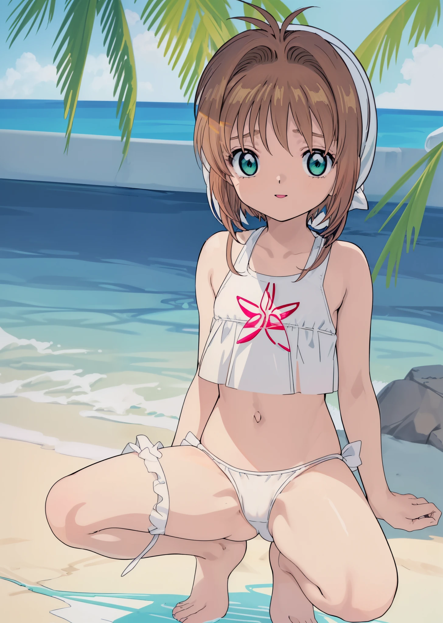 (masutepiece, 1girl in, hight resolution, kinomoto_Sakura, Green eyes, Wearing (two piece white swimsuit ), Good mood, Very detailed, full of details, in beach, Cinematic lighting),Oldest girl,cowgirl position, squatting, spread legs