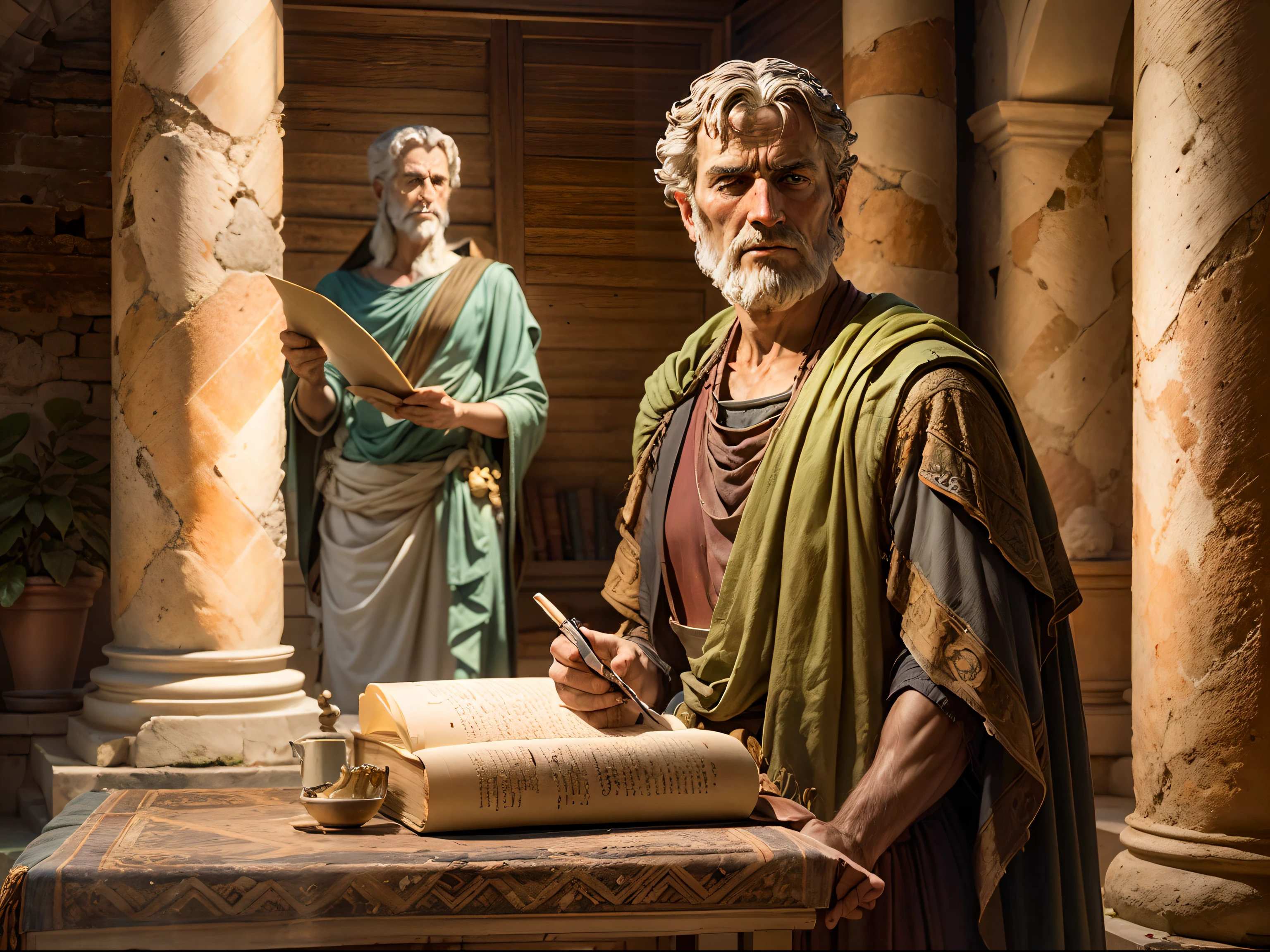 Seneca, 1st century Roman villa, segurando um rolo, stoic expression, historic portrait, Arte romana, natural lighting, Cores terrosas, rough brushstrokes, Detalhes simples, marble columns, luz solar quente, wooden furniture, atmosfera serena, visitantes curiosos, philosophical ambience, arquitetura romana, classical sculptures, roupas modestas, atmosfera digna, wise expression