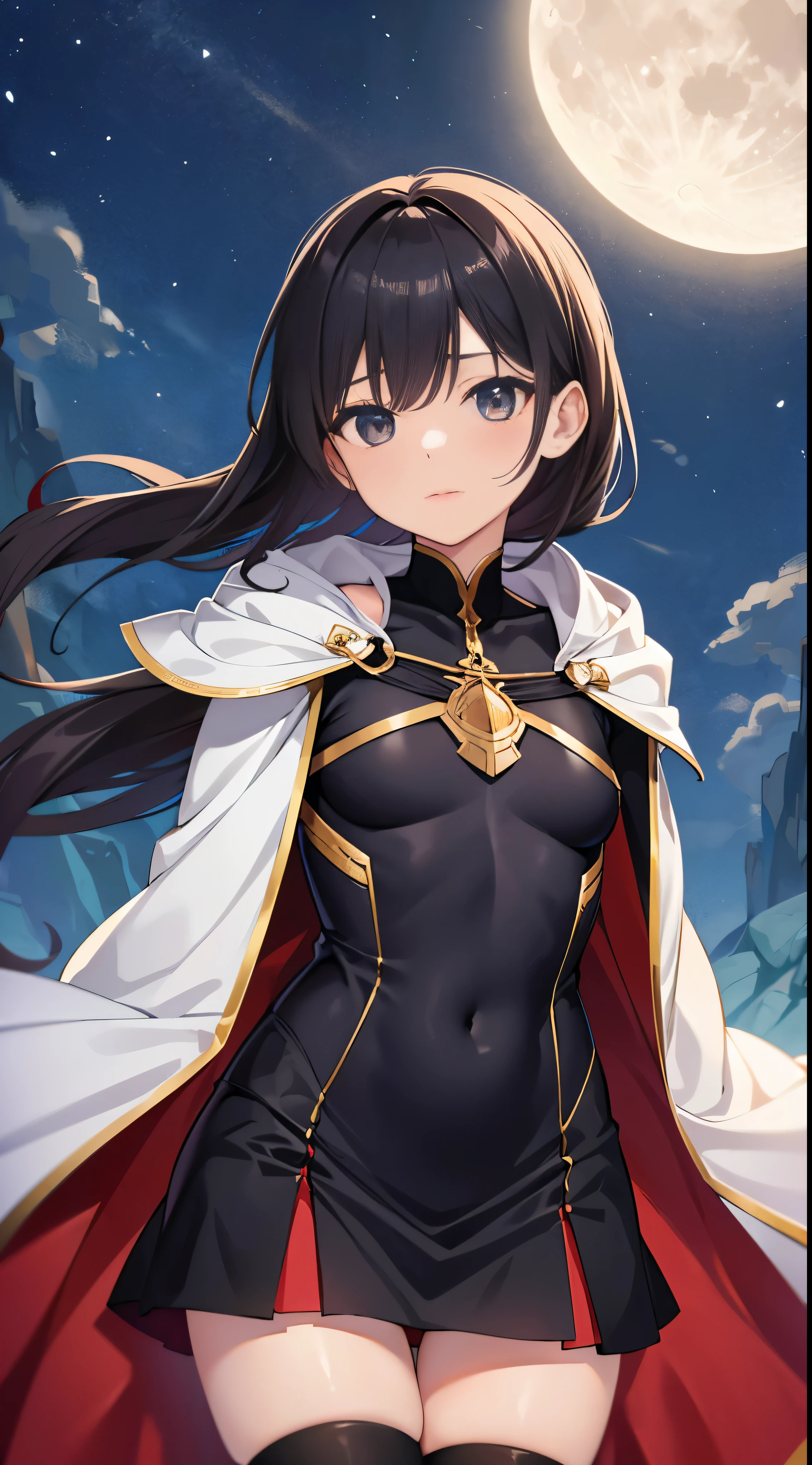 One lady,25-years old,(() ,((())), (()), (())(()),((micro skirt, bodysuit and short cloak)),,(A dark-haired,),((Fantasy,Moon Night))((Clothes are torn))