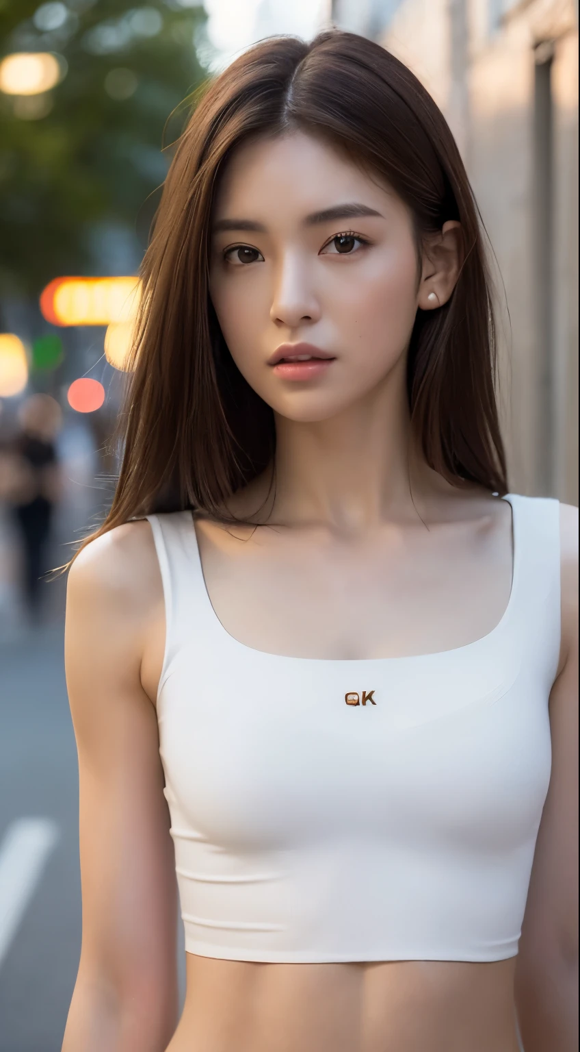 ((Realistic lighting, Best quality, 8K, Masterpiece: 1.3)), Clear focus: 1.2, 1girl, Perfect Figure: 1.4, Slim Abs: 1.1, ((Dark brown hair)), (White crop top: 1.4), (Outdoor, Night: 1.1), City streets, Super fine face, Fine eyes, Double eyelids, no makeup, small imperfections on the skin