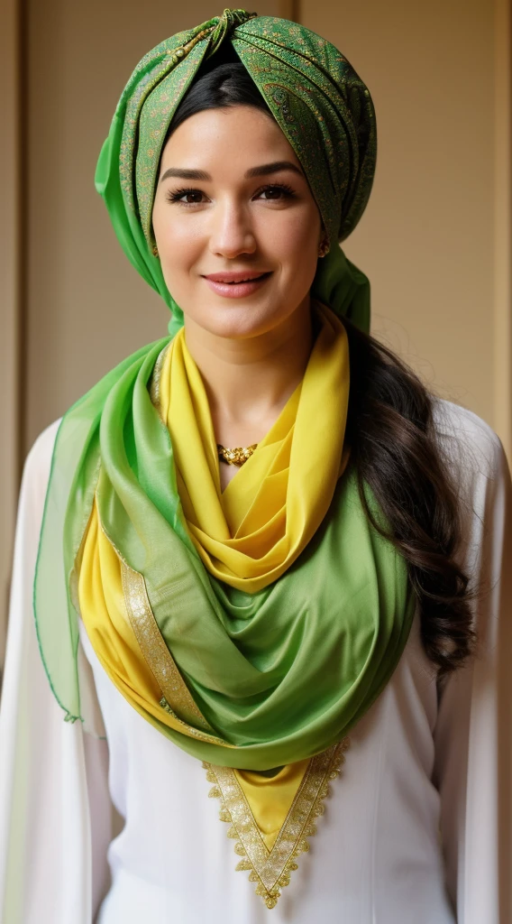 smiling woman wearing a green and yellow head scarf and a turban, iranian, arab, with a orientalist smileful face, genghis khan-mutahar-mandy moore-paz vega-madeline zima-eugenia volodina-helga lovekaty-nicole sakura-sophie marceau-ashley hebert-renee zellweger-arlym broche-isabelle adjani-katrina kaif merged, entire body visible, full body, hyperrealistic, real human skin, best quality, 8K, masterpiece, extremely intricate, detailed eyes, detailed face, detailed body, exaggerated features, pronounced features, fujifilm, wearing traditional clothing