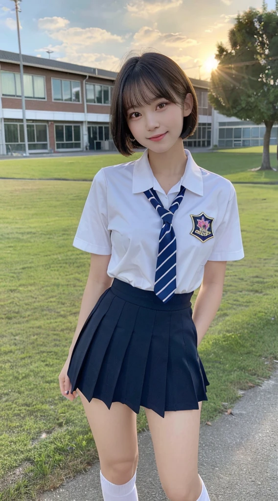 (top-quality,8K picture quality,masterpiece:1.3),(超A high resolution,Photorealsitic:1.4,Raw photography),(ultra-detailliert,Caustics,Detailed background),(Ultra-realistic capture,Beautifully detailed skin,perfect anatomia),at the sunset,Sunset sky,school buildings,school ground,18year old,large full breasts、kawaii,Single eyelid,Black hair short bob,School Blazer Uniform,Looking at the camera,A smile,Beautiful thighs、Standing pose with slim legs、White School Socks、Brown loafers、natural soft light