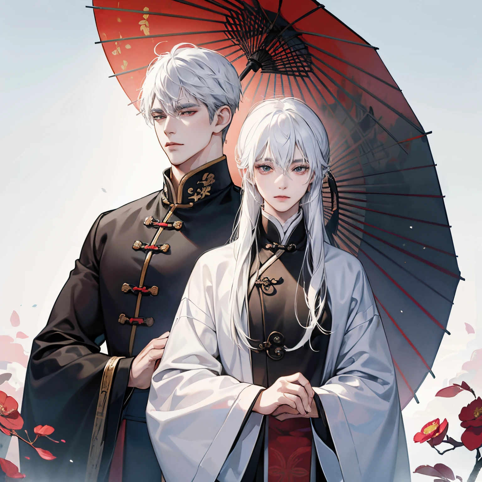1 male、chinese men、White hair、Black china clothes、A tall man、Chinese、holding a black umbrella