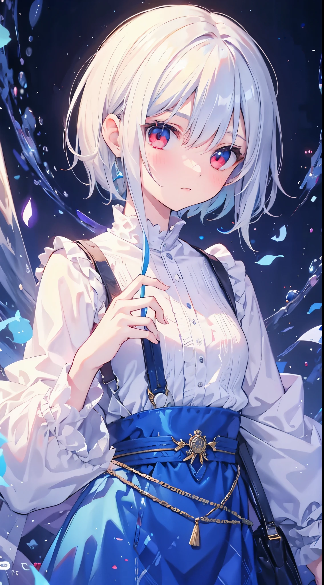 1 girl, short hair, white hair, red eyes, blue dress, portrait.