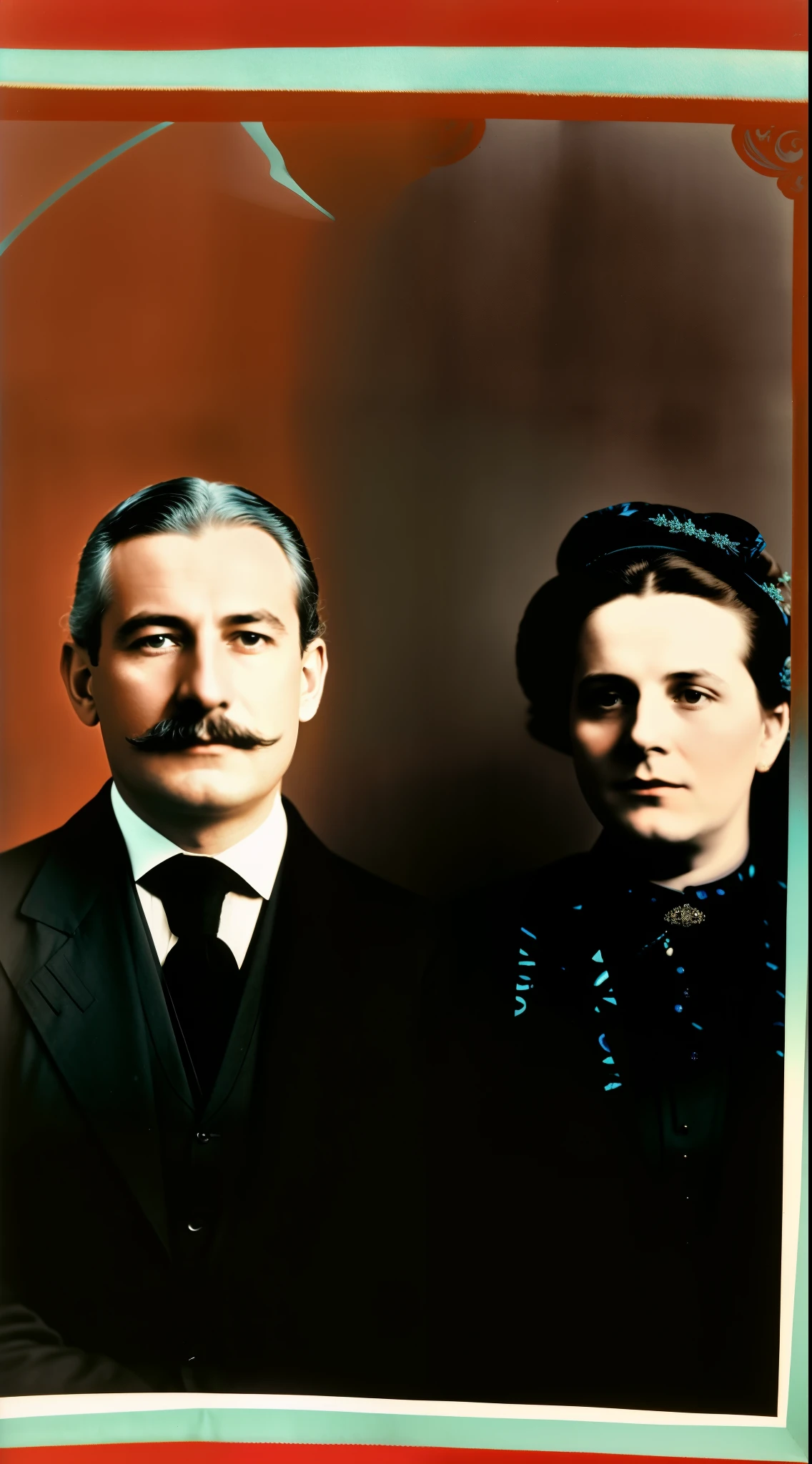 arafed photograph of a man and woman in formal attire, autochrome pearl portrait, portrait of two people, a colorized photo, alice hunt and peter hurd, rene lalique and eddie mendoza, autochrome, autochrome photograph, award winning autochrome photo, coloured photo, 4 k photo autochrome, colourized, colorized photo, 1 9 2 0's
