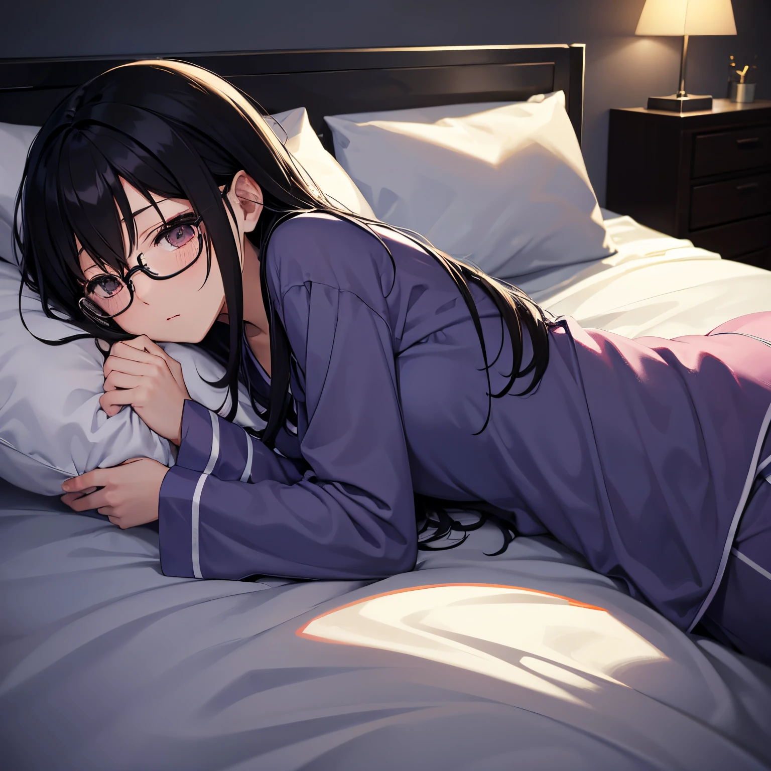 1人、girl with、Long black hair、eye glasses、Sleeping in bed、Cute Pajamas、unclear、Warm lighting