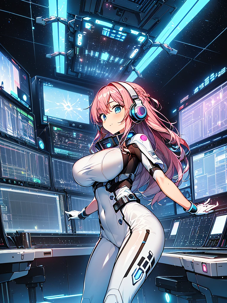 ​masterpiece:1.4, 1girl in ((20yr old, Wearing a tight, futuristic metallic white bodysuit,long boots, huge-breasted, A pink-haired, long,Braided hair,marguerite&#39;Hairstyles, Perfect model body, Blue eyes:1.4, Wearing headphones, Flirting, Happy,  Looking out the window of the futuristic sci-fi space station、While admiring the beautiful galaxy:1.2, SFSF control room on night background:1.1, Neon and energetic atmosphere:1.2)) ((Galaxy)) ((Solo:1.6))