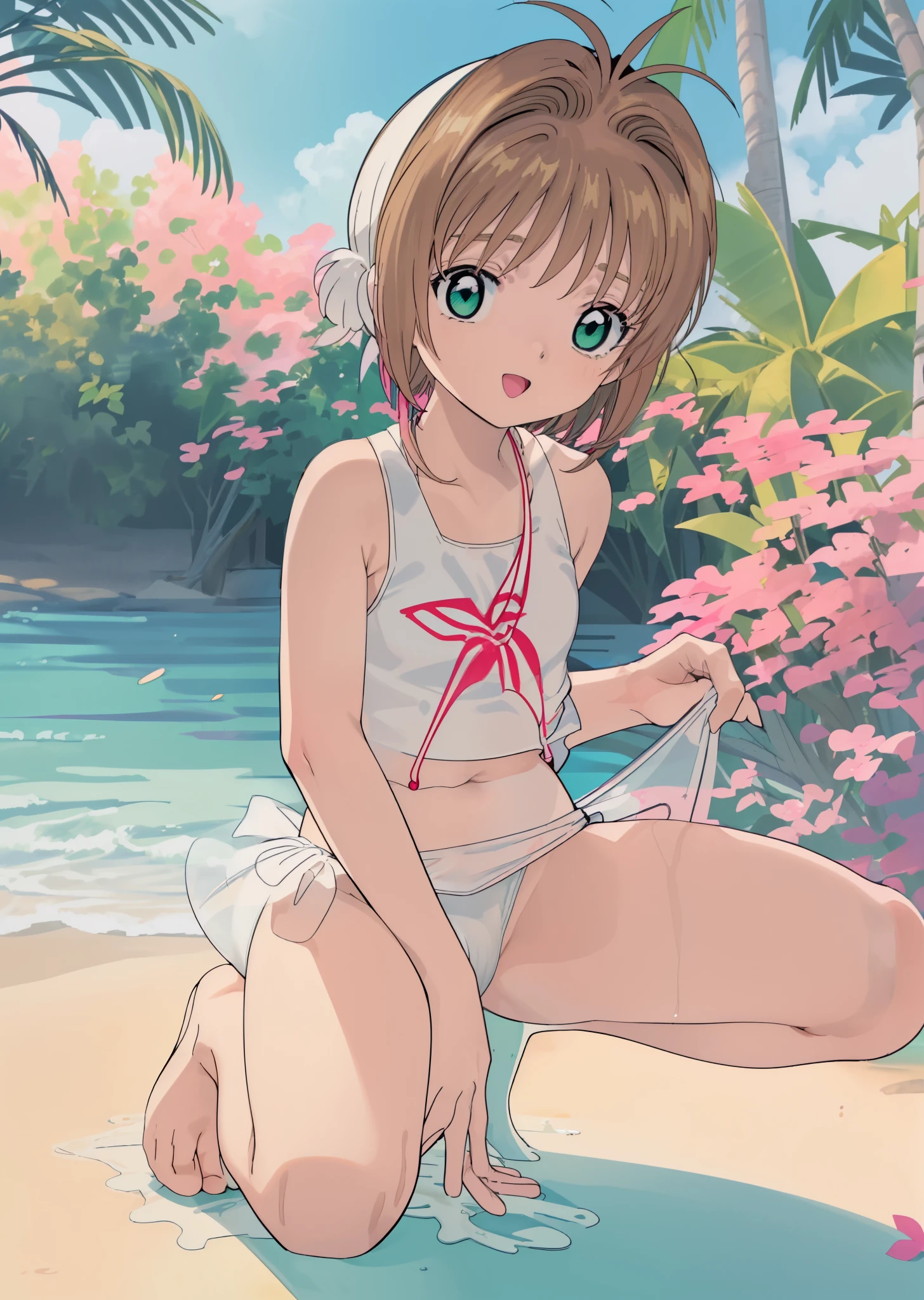 (masutepiece, 1girl in, hight resolution, kinomoto_Sakura, Green eyes, Wearing (two piece white swimsuit ), Good mood, Very detailed, full of details, in beach, Cinematic lighting),Oldest girl,Cowgirl, Squatting, Spread legs