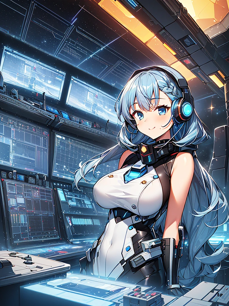 masterpiece:1.4, 1girl in ((20yr old, Wearing a tight, futuristic metallic gray bodysuit,long boots, huge-breasted, Blue hair, long,Braided hair,marguerite'Hairstyles, Perfect model body, Blue eyes:1.4, Wearing headphones, Flirting, Happy, Looking out the window of the futuristic sci-fi space station、While admiring the beautiful galaxy:1.2, SFSF control room on night background:1.1, Neon and energetic atmosphere:1.2)) ((Galaxy)) ((Solo:1.6))