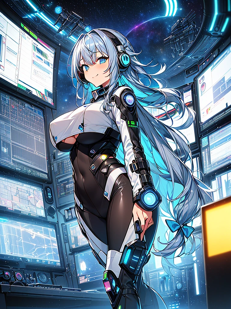 ​masterpiece:1.4, 1girl in ((20yr old, Wearing a tight, futuristic metallic gray bodysuit,long boots, huge-breasted, Blue hair, long,Braided hair,marguerite&#39;Hairstyles, Perfect model body, Blue eyes:1.4, Wearing headphones, Flirting, Happy,  Looking out the window of the futuristic sci-fi space station、While admiring the beautiful galaxy:1.2, SFSF control room on night background:1.1, Neon and energetic atmosphere:1.2)) ((Galaxy)) ((Solo:1.6))