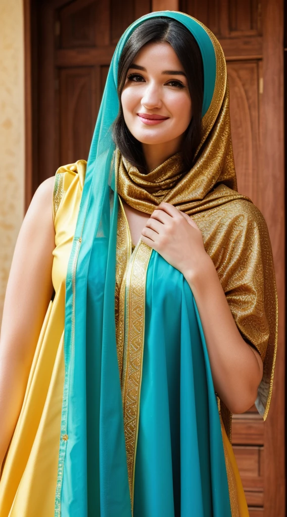 smiling woman wearing a green and yellow head scarf and a turban, iranian, arab, with a orientalist smileful face, genghis khan-mutahar-mandy moore-paz vega-madeline zima-eugenia volodina-helga lovekaty-nicole sakura-sophie marceau-ashley hebert-renee zellweger-arlym broche-isabelle adjani-katrina kaif merged, entire body visible, full body, hyperrealistic, real human skin, best quality, 8K, masterpiece, extremely intricate, detailed eyes, detailed face, detailed body, exaggerated features, pronounced features, fujifilm, wearing traditional clothing
