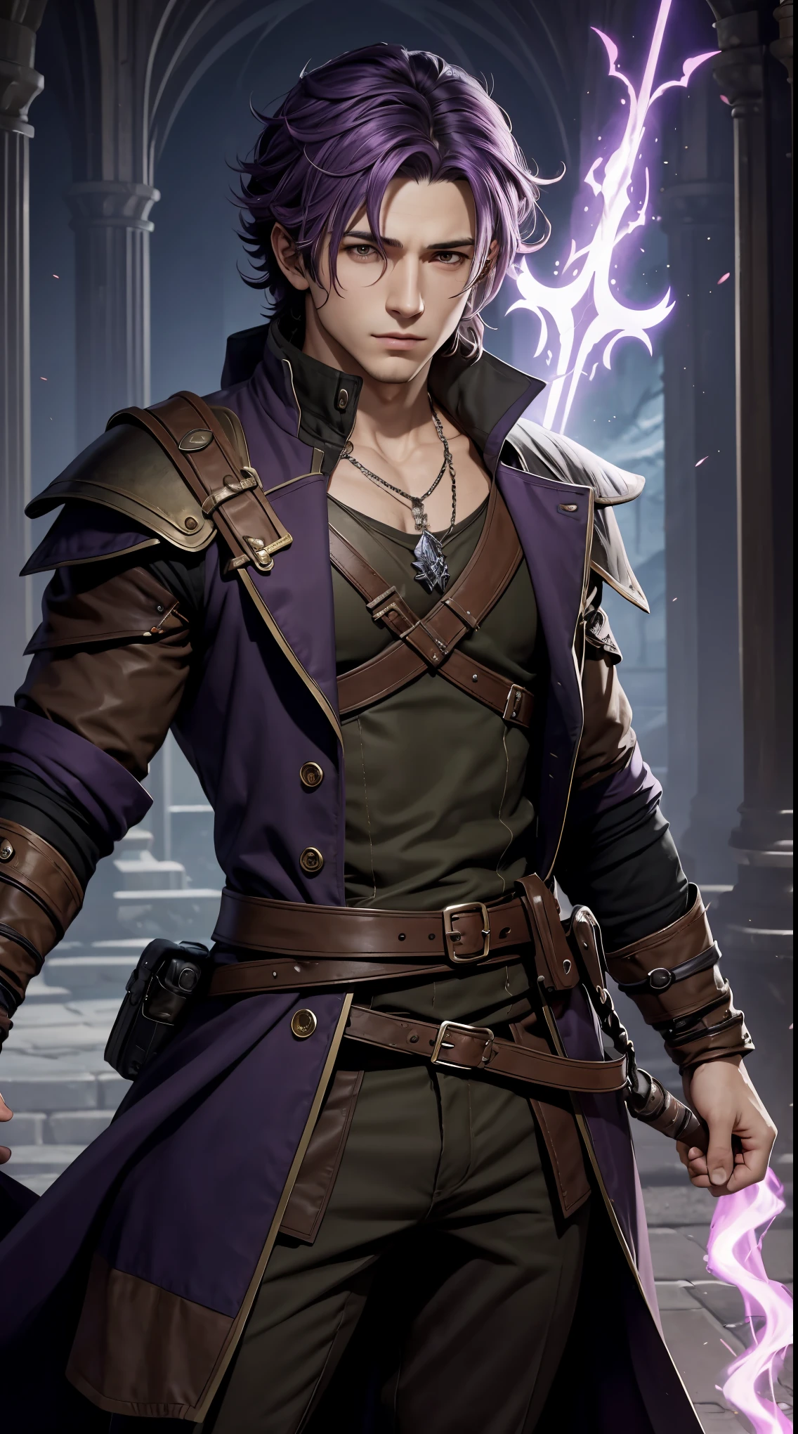 Absurdres masterpiece HDR high quality head shot of a handsome boy from octopath traveler  character with purple hair in sorcerer clothes