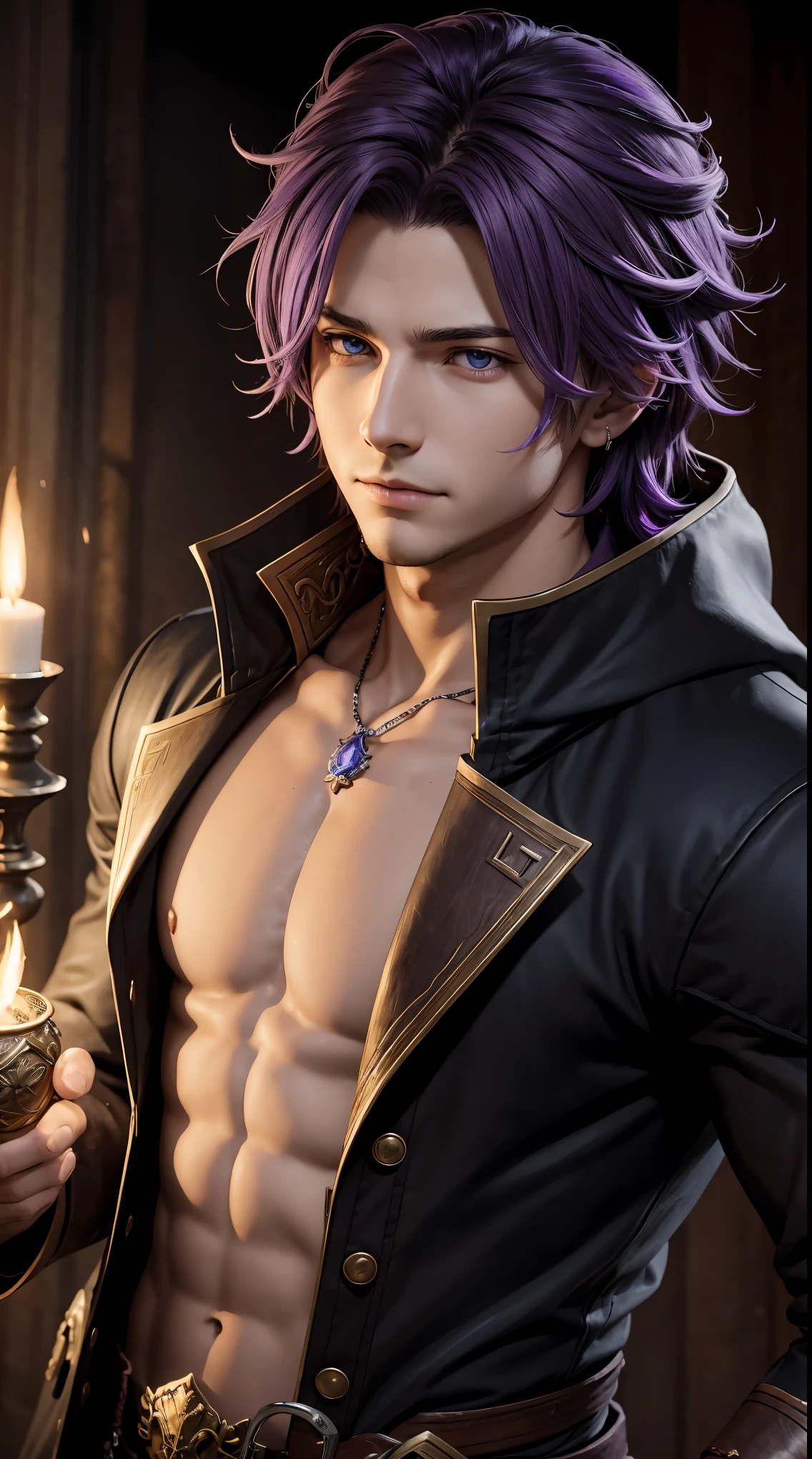 (8K,photorrealistic　raw photography　maximum quality;1.4) (1 young boy) super fluffy(lifelike face) 　(Short-haired purple hair)　slenderbody　Muscular and macho　Big golden eyes　Black and purple metallic aristocratic attire　Golden decoration　Fangs peeking out of the mouth　Pointed claws　a seductive gaze　Beautiful expression　A hyper-realistic　(King of the Underworld)　appealing　(real looking skin)　Super high resolution　high détail　Luxurious black and purple pants　pointy ears