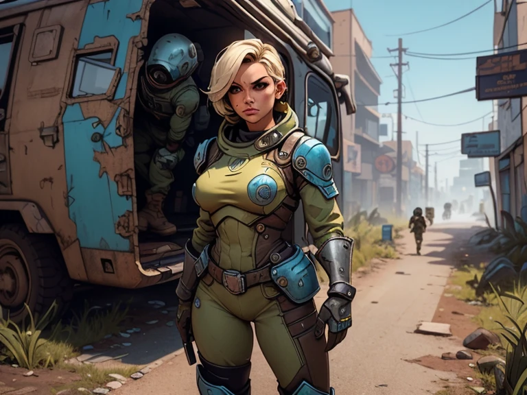 um personagem do jogo fallout 3, caminhando sozinho por uma cidade em ruinas, jogo fallout 3, ((uma personagem feminina usando Armored Vault jumpsuit azul com detalhes em cinza, universo de fallout 3)), Natural Dynamic Pose, cidade em ruinas, melhor qualidade, ultra detalhada, bem desenhado, anatomia perfeita, proporcional, character within the golden ratio of the scene