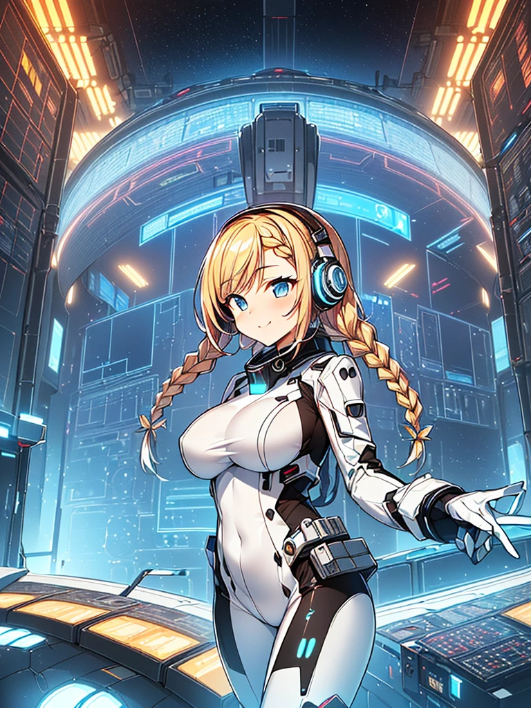 ​masterpiece:1.4, 1girl in ((20yr old, Wearing a tight, futuristic metallic white bodysuit,long boots, huge-breasted, blonde  hair, long,Braided hair,marguerite&#39;Hairstyles, Perfect model body, Blue eyes:1.4, Wearing headphones, Flirting, Happy,  Looking out the window of the futuristic sci-fi space station、While admiring the beautiful galaxy:1.2, SFSF control room on night background:1.1, Neon and energetic atmosphere:1.2)) ((Galaxy)) ((Solo:1.6))