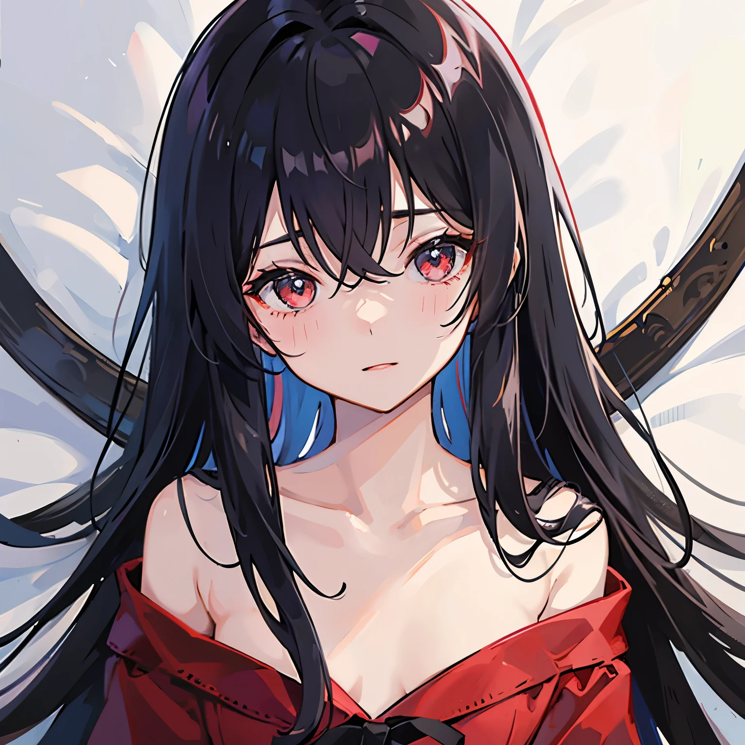 1人、girl with、Long black hair、Eyes are red、Sleeping in bed、s Pajamas、unclear、kawaii、Looking at the camera