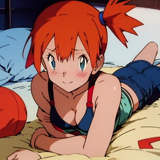 (masutepiece, Best Quality), 1girl in, Misty_"A pokémon", 8K, Orange hair, Side Ponytail, Big breasts. lingerie, Beautiful blue eyes, cleavage, Big breasts, Blushing, masturbation, Lying, laying down on the bed, grabbing her own breasts, Spread your legs, Raise your legs, underboob, visible belly button, Sexy, extremely sexual girl invite a smile Pubic hair shows through hairstyle on、short、、small tits、Sareme、、unwear、Lie down and spread your legs、undergarment、hi-school girl、be sweaty、Inter-strands、Love juice White panties、White bra、Waist