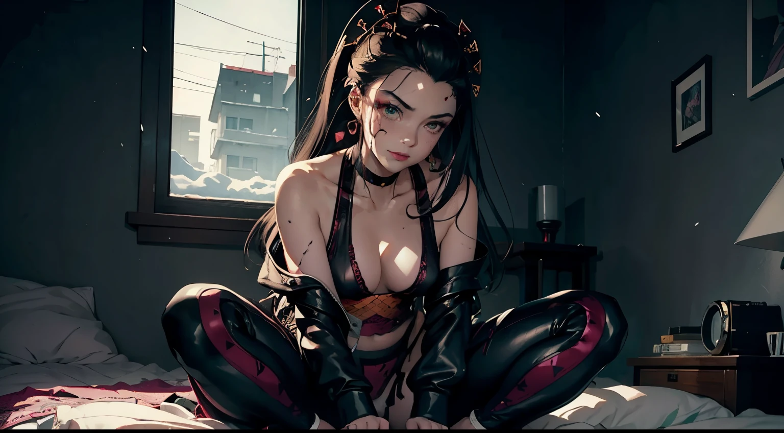 sitting on bedroll, exposing the thighs., Fluffy sheets, tongue sticking out, Lots of wall decorations, Snow on the ground, seductive, Beauty stain on the chin, in a loose oversized sweatshirt, off-shoulder, mesh leggings, Hypebeast Fashion, sexy thighs, side pose, a small mole on the chin, Blushing, Neon lights in the background, Detailed background, Sateen, long sleeves, Choker necklace with necklace, Long necklace, Evil Look, detailed digital anime art