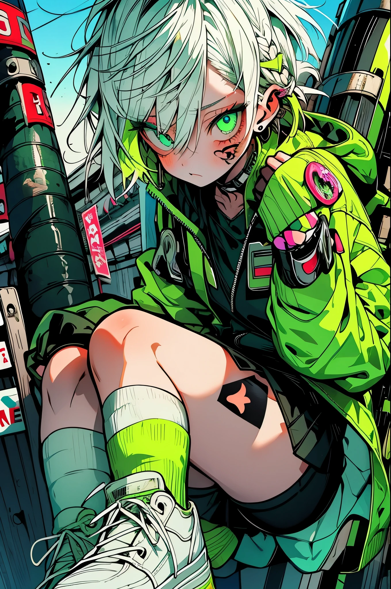 Step Piece, Best Quality, Best Illustration, Ultra-detailed,girl, White hair, cool green open short jacket, The tattoo, Messy Fade Cut Hair, Side braided hair,Crazy, A scene where you jump using your whole body, abandoned amusement park background,knee high socks,quirky sneakers,Eyeshadow on the eyes,unusual colored eyes, Eyes of fear, Vivid eyes,Running in the sky