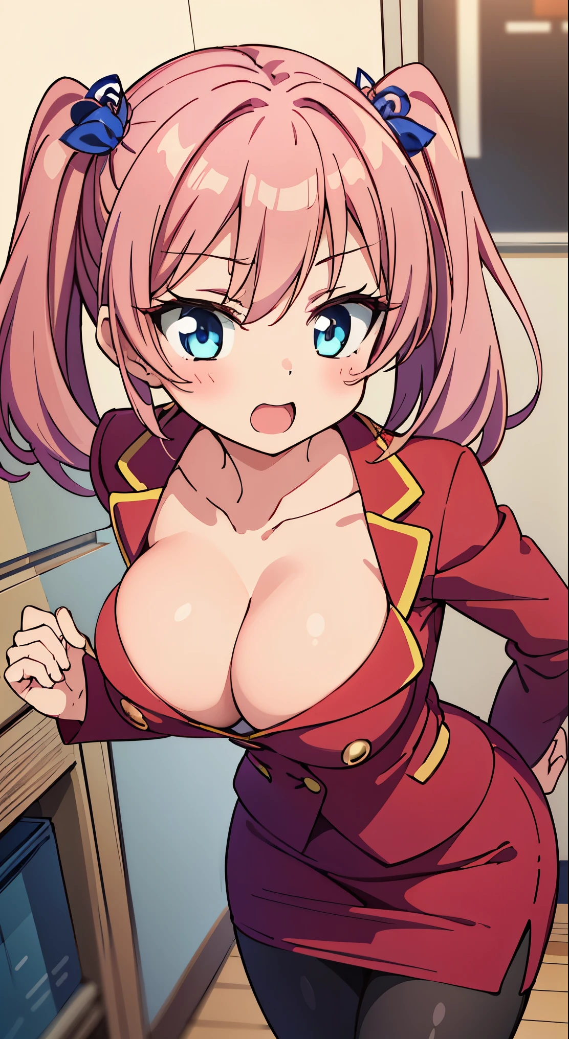 (masutepiece, Best Quality, Perfect Anatomy, High quality:1.4), absurderes, absolutely resolution, unbelievable Ridiculous, hight resolution, ultra-detailliert, Official art, Unity 8k壁纸, Kinetic typography,nice hand, Perfect hands, Detailed beautiful hands, Large_filesize, fulcolor, hight resolution, symmetric, exceptional, Best aesthetic, newest, Anime, very beautiful detailed body,The hair,faces,The eye, BREAK, 1 beautiful girl, Solo,(Kawaii type:1.5),(Chibi:0.8), (kawaii:1.5),(Lori:0.5), BREAK, (girl, Kawaii type, Cheerful, faces, medium breasts:1.2),(Pink hair,disheveled short twin tails,tareme,Gold eyes of the upper The eye user:1.2),gleaming skin,Clear skin, cleavage of the breast,Beautiful , gleaming skin,Clear skin, Beautiful skin,( Hey hey lol faces:1.5),(top quality faces),(The eye shines with the highest quality), (best lol faces,smug faces:1.45),
BREAK (red theme:1.5), (fit body:1.3), (tight long sleeve (red blazer) with (double-breasted):1.4), (double-breasted), (emphasize cleavage:1.3), (collarbone:1.2), ((red) pencil skirt:1.5),
BREAK (black theme:1.2), (black pantyhose:1.3), (high heels:1.2),BREAK,(Office, desk work, whiteboard, sofa, buildings from window,Makuhoku Computer,
(upward looking gaze :1.2) ,
Looking Up ,
From above ,depth of fields,
BREAK,wakame,wakame,wakame,(Cowboy Shot:1.4),
BREAK,(Blurry background:1.3),(absurderes, hight resolution, Super Detail Art),cel shading,Clear Color, Lonely optical effect, Beautiful pictures, Bright glow, mystic atmosphere,(Close-up of girl:1.1), Mystical light particle effect,manga influence, clean line drawings,