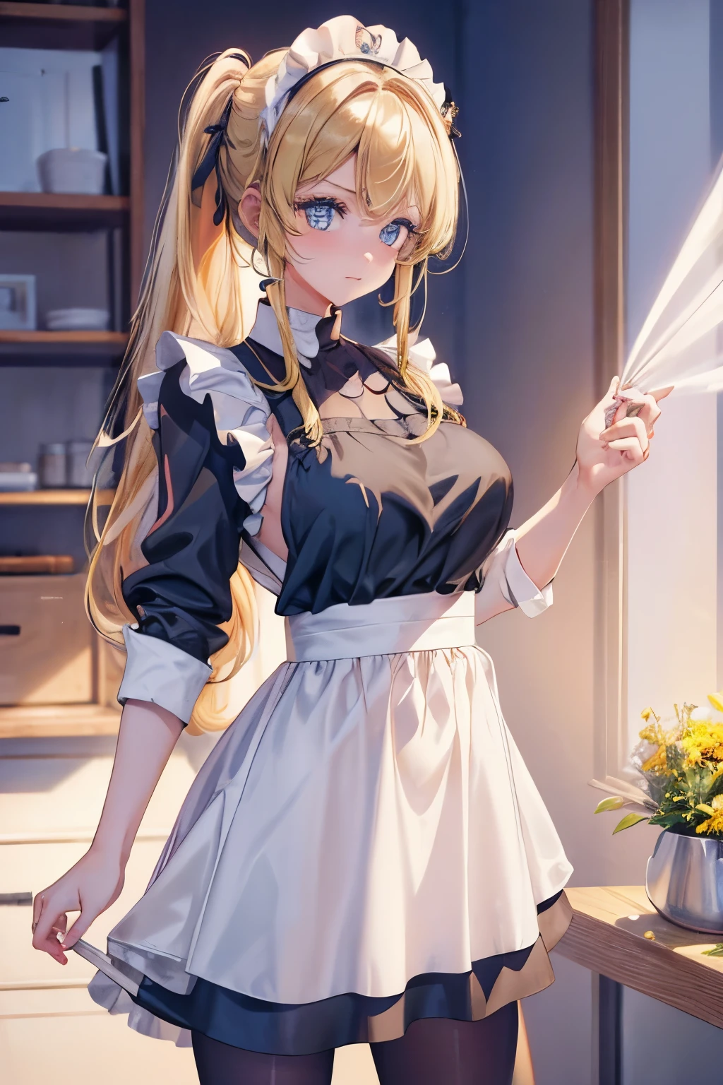 peace, Best quality at best, A high resolution, 1个Giant Breast Girl, hayasaka ai, Alone, Blonde hair, maid, eBlue eyes, side ponytails, Hair rings, hair adornments, 蓝色Hair rings, maid headdress, aprons, hair between eye, , longer sleeves, By bangs, white shirt, Black dress, side locks, maid aprons, black pantyhoses, cow boy shot,