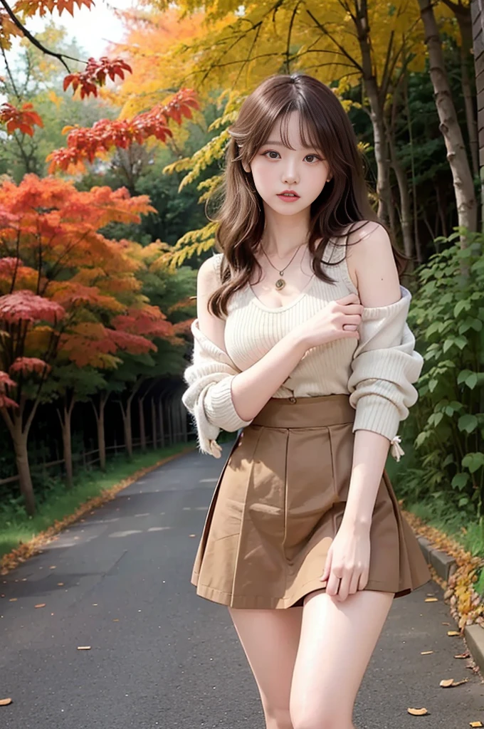 8K分辨率, Ultra HD CG images, autumn leaves at night🍁, rays of moonlight, long-focus, 1 girl in, 20yr old, Detail of beautiful faceang braids, bronze:1.4), (stop hair loss:1.4), (Autumn pairingini-skirts, boot, change color, Pointed chest, Beautiful lines, pendant, Delicate and beautiful eyes, bright red autumn leaves, maple tunnel, depth of fields, hoang lap, 24K graphic arts, Well-drawn background, There is a deep composition,