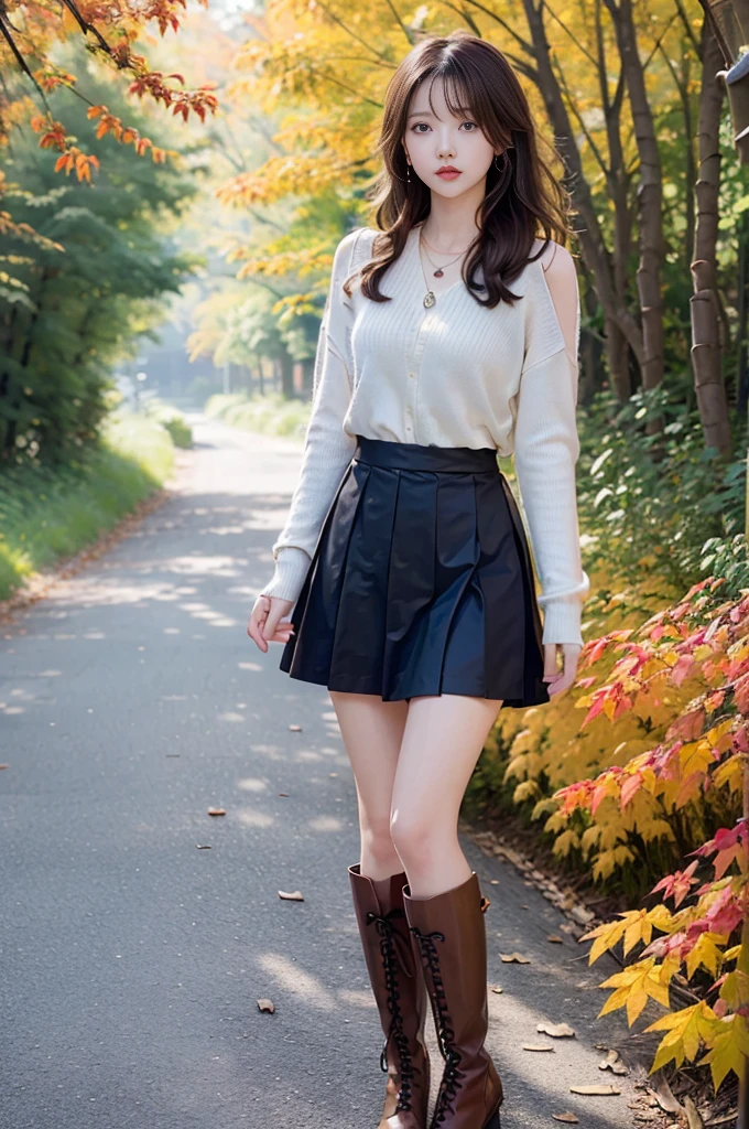 8K分辨率, Ultra HD CG images, autumn leaves at night🍁, rays of moonlight, long-focus, 1 girl in, 20yr old, Detail of beautiful faceang braids, bronze:1.4), (stop hair loss:1.4), (Autumn pairingini-skirts, boot, change color, Pointed chest, Beautiful lines, pendant, Delicate and beautiful eyes, bright red autumn leaves, maple tunnel, depth of fields, hoang lap, 24K graphic arts, Well-drawn background, There is a deep composition,