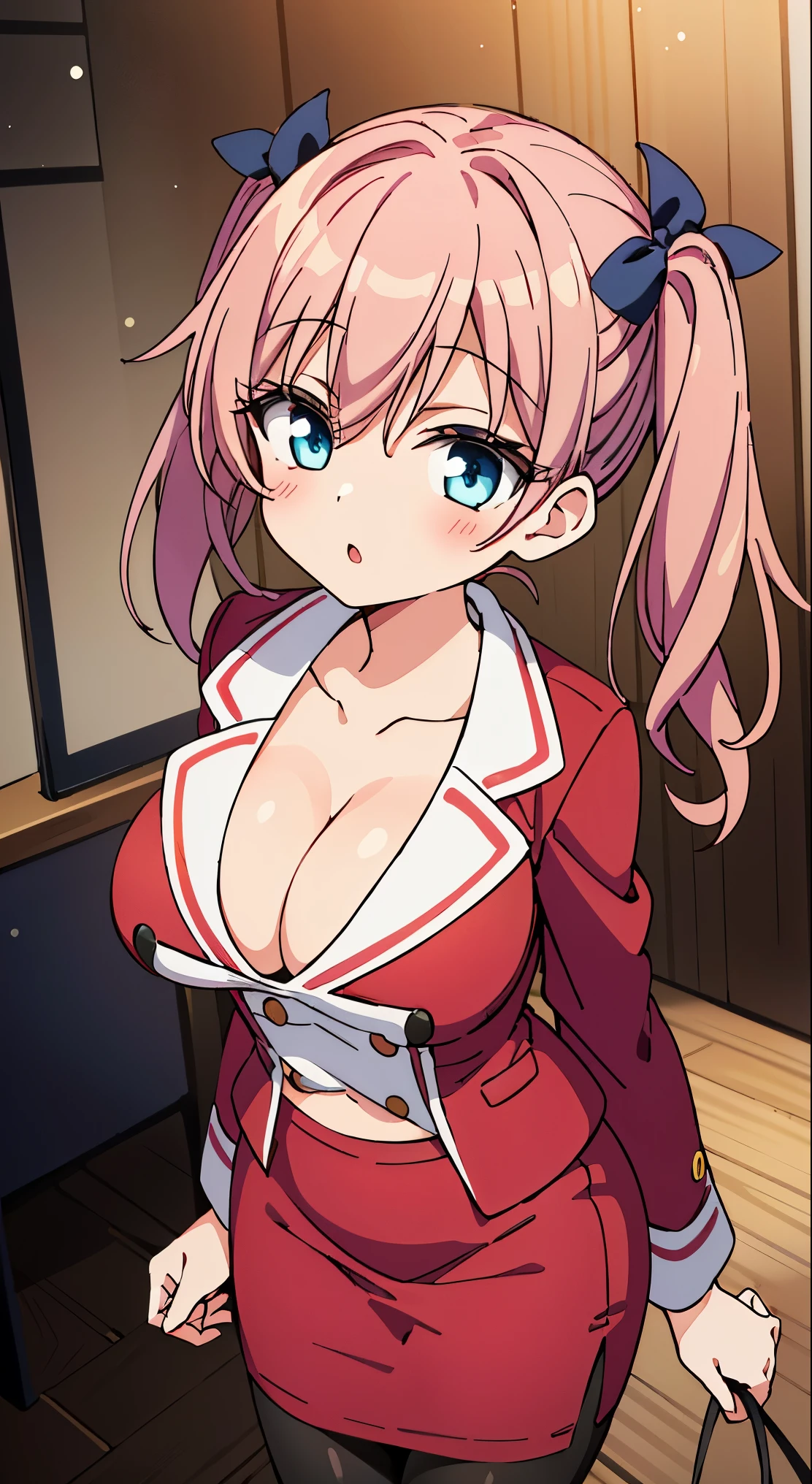 (masutepiece, Best Quality, Perfect Anatomy, High quality:1.4), absurderes, absolutely resolution, unbelievable Ridiculous, hight resolution, ultra-detailliert, Official art, Unity 8k壁纸, Kinetic typography,nice hand, Perfect hands, Detailed beautiful hands, Large_filesize, fulcolor, hight resolution, symmetric, exceptional, Best aesthetic, newest, Anime, very beautiful detailed body,The hair,faces,The eye, BREAK, 1 beautiful girl, Solo,(Kawaii type:1.5),(Chibi:0.8), (kawaii:1.5),(Lori:0.5), BREAK, (girl, Kawaii type, Cheerful, faces, medium breasts:1.2),(Pink hair,disheveled short twin tails,tareme,Gold eyes of the upper The eye user:1.2),gleaming skin,Clear skin, cleavage of the breast,Beautiful , gleaming skin,Clear skin, Beautiful skin,( Hey hey lol faces:1.5),(top quality faces),(The eye shines with the highest quality), (best lol faces,smug faces:1.45),
BREAK (red theme:1.5), (fit body:1.3), (tight long sleeve (red blazer) with (double-breasted):1.4), (double-breasted), (emphasize cleavage:1.3), (collarbone:1.2), ((red) pencil skirt:1.5),
BREAK (black theme:1.2), (black pantyhose:1.3), (high heels:1.2),BREAK,(Office, desk work, whiteboard, sofa, buildings from window,Makuhoku Computer,
(upward looking gaze :1.2) ,
Looking Up ,
From above ,depth of fields,
BREAK,wakame,wakame,wakame,(Cowboy Shot:1.4),
BREAK,(Blurry background:1.3),(absurderes, hight resolution, Super Detail Art),cel shading,Clear Color, Lonely optical effect, Beautiful pictures, Bright glow, mystic atmosphere,(Close-up of girl:1.1), Mystical light particle effect,manga influence, clean line drawings,