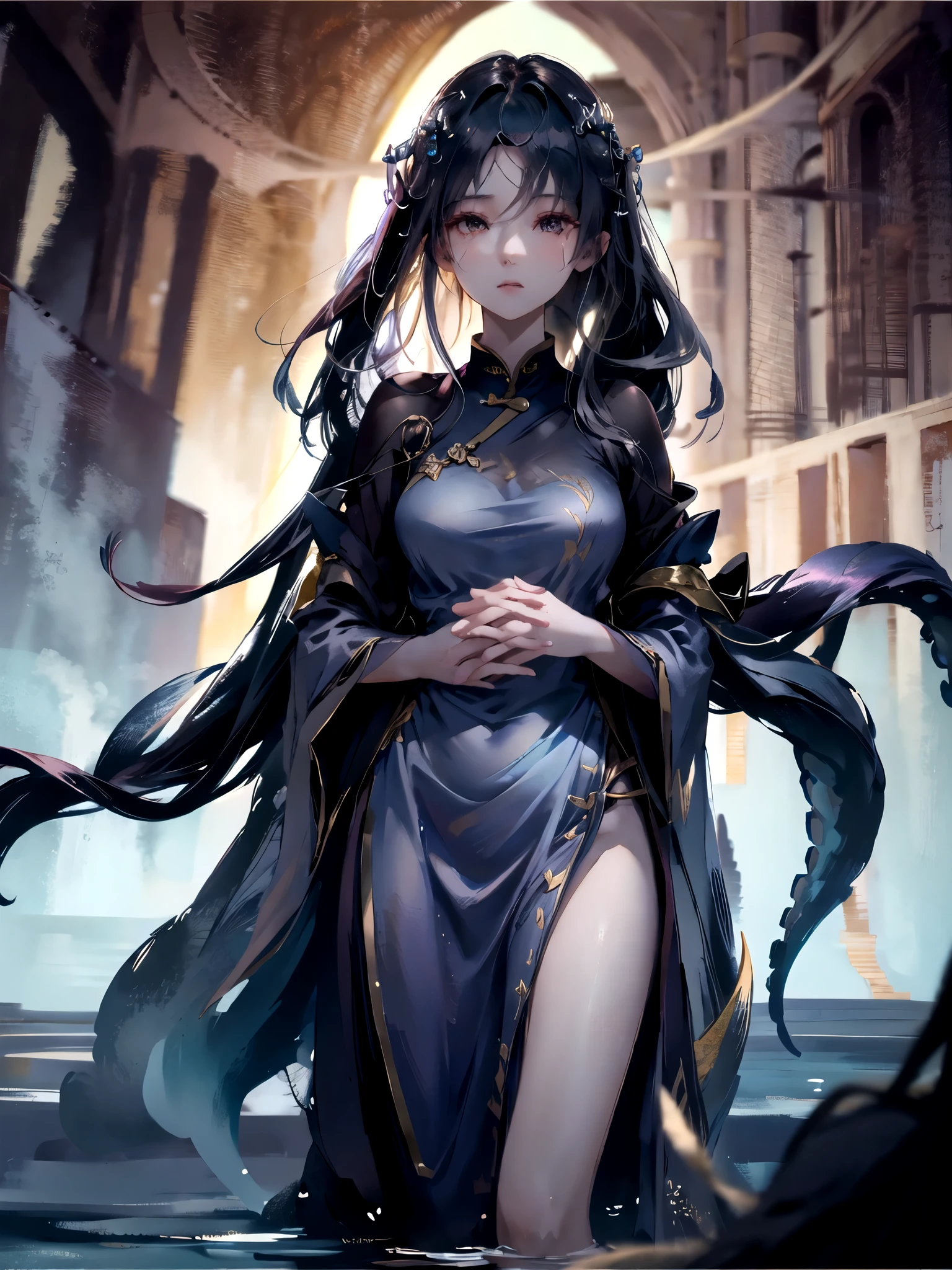 1girl, long black hair flowing like silk, standing confidently on one leg, the other foot lifted off the ground, wearing traditional Chinese attire with intricate embroidery, staring intensely at a majestic dragon emerging from a misty veil, dragon's scales shimmering like polished jade, fiery eyes burning bright, misty surroundings with subtle hints of pink and peach tones, dynamic brushstrokes, soft focus, subtlety of shading to convey sense of mystery and wonder, delicate crimson flowers blooming around the girl's feet, the dragon's claws splayed on the ground, hint of a ancient temple in the background