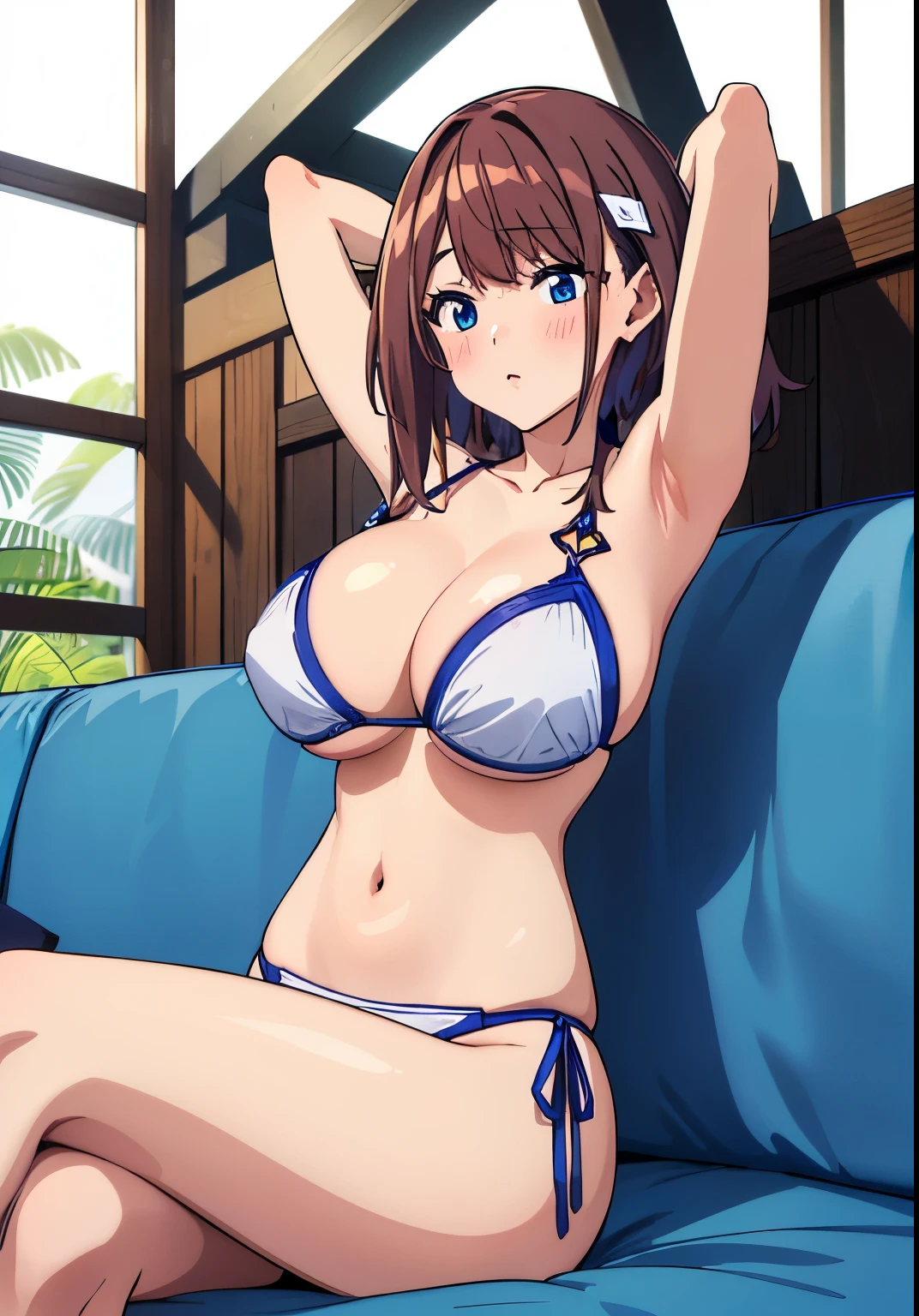 Anime style、Best Quality、high-level image quality、hight resolution、1girl in、huge tit、Brown hair、Medium hair、blue eyess、pretty eyes、cute  face、Hitoyo、The bikini、hotel、natta、sit on sofa、blush a little、(spread legs, arms behind head)、raise arms、