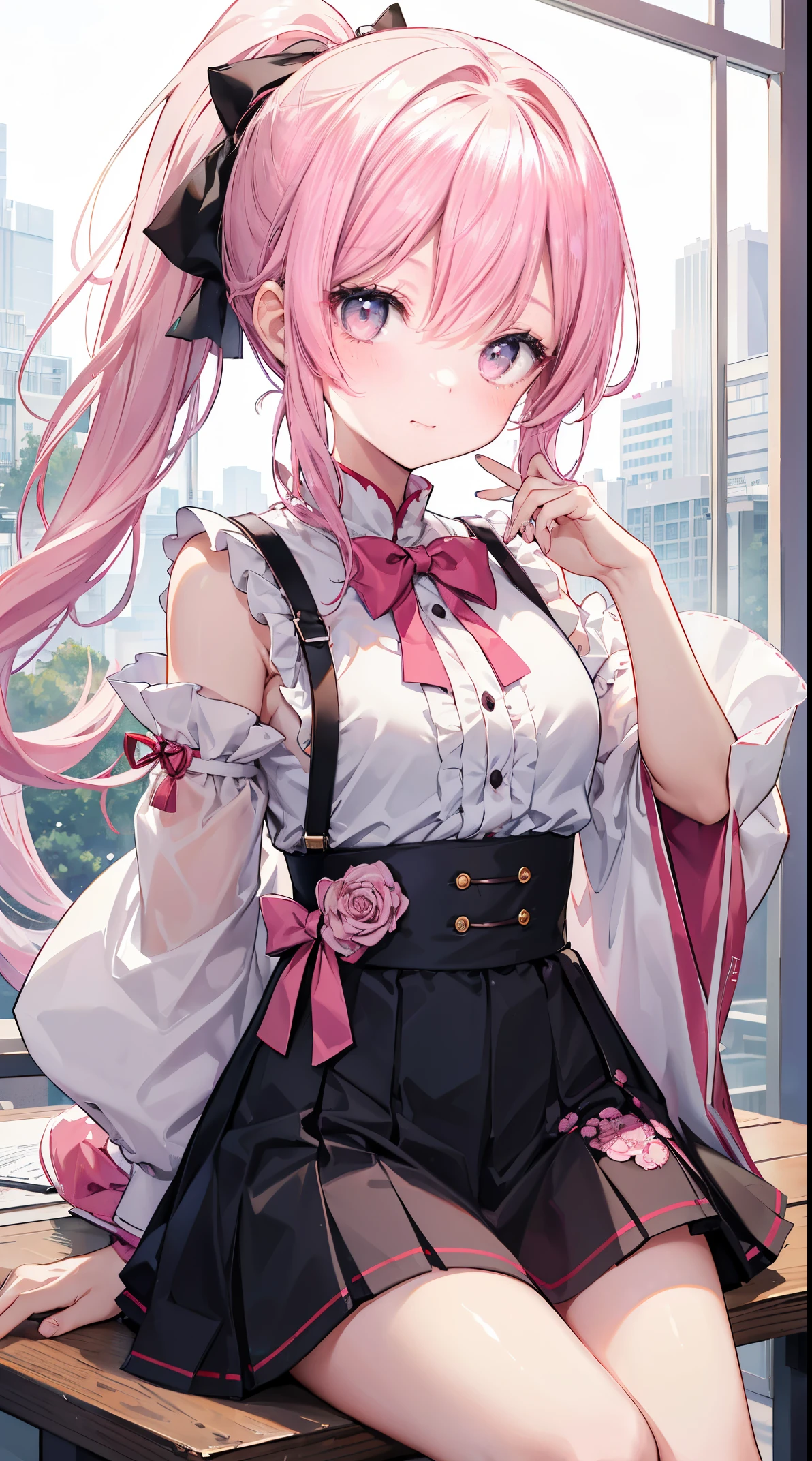On the table, Best quality at best, (s the perfect face:1.1), (high detal:1.1), (Ultra-detailed eyes), dramatics, Super fine illustration, The is very detailed,1 girl in, (pale-skinned), cheerfulness的, laughingly, enjoying, cheerfulness,with her mouth open,Glowing eyes,Pink hair, (Long double ponytail),Ethereal eyes, Pink eye,(Light eyebrowe red in the face, Alone,pouting,电影灯光,cow boy shot, Ao olhar para cima,Lolita clothes, in Pink and white,frilld, bow ribbon, longer sleeves,knee length socks, white backgrounid, sobu,morning atmosphere