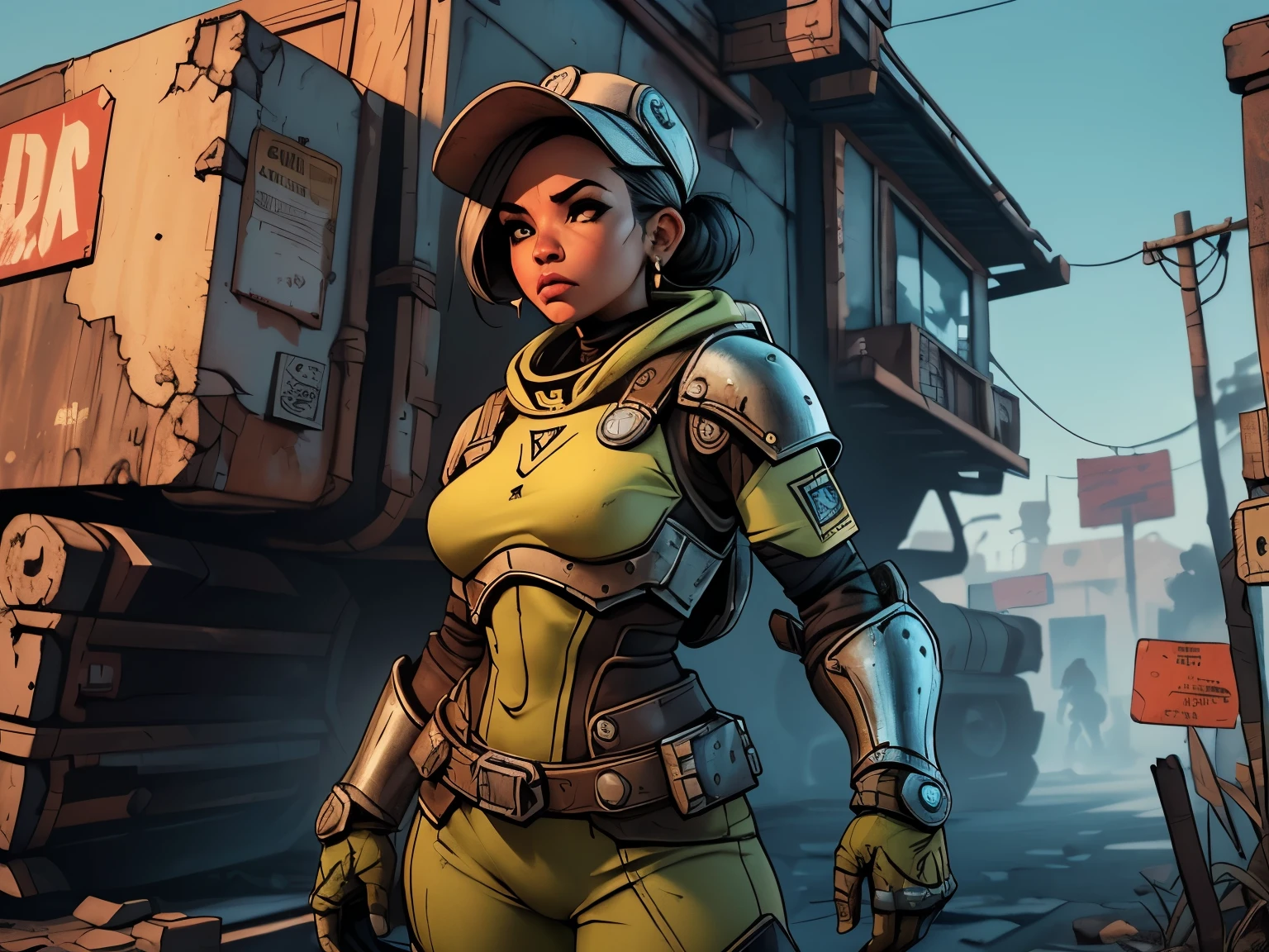 um personagem do jogo fallout 3, caminhando sozinho por uma cidade em ruinas, jogo fallout 3, ((uma personagem feminina usando Armored Vault jumpsuit azul com detalhes em cinza, universo de fallout 3)), Natural Dynamic Pose, cidade em ruinas, melhor qualidade, ultra detalhada, bem desenhado, anatomia perfeita, proporcional, character within the golden ratio of the scene