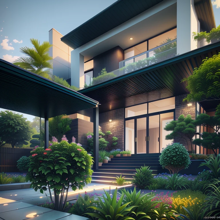 there is a house with a lot of plants and flowers in the yard, architectural 3 d render, exterior design, award-winning render, lumion rendering, lumion render, professional render, precise architectural rendering, beautifully detailed render, rendered in lumion pro, high quality rendering, fully detailed render, architectural visualization, architectural rendering, luxcore render, insanely detailed rendering