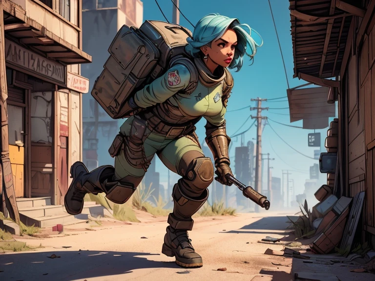 um personagem do jogo fallout 3, caminhando sozinho por uma cidade em ruinas, jogo fallout 3, ((uma personagem feminina usando Armored Vault jumpsuit azul com detalhes em cinza, universo de fallout 3, mochila nas costas)), Natural Dynamic Pose, cidade em ruinas, melhor qualidade, ultra detalhada, bem desenhado, anatomia perfeita, proporcional, character within the golden ratio of the scene