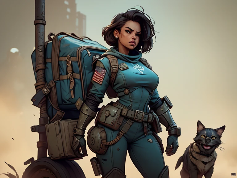 um personagem do jogo fallout 3, caminhando sozinho por uma cidade em ruinas, jogo fallout 3, ((uma personagem feminina usando Armored Vault jumpsuit azul com detalhes em cinza, universo de fallout 3, mochila nas costas)), Natural Dynamic Pose, cidade em ruinas, melhor qualidade, ultra detalhada, bem desenhado, anatomia perfeita, proporcional, character within the golden ratio of the scene