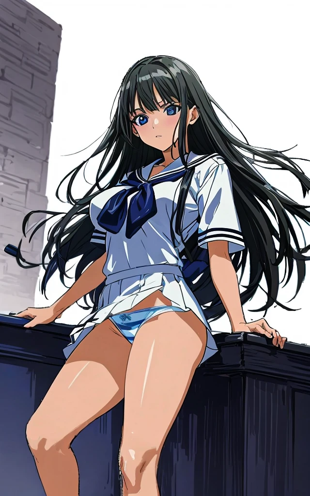 A beautiful woman with long black hair, big breasts, and beautiful legs is standing in a sailor uniform with a white miniskirt, showing off her light blue and blue panties from the top of the stairs at the station.。