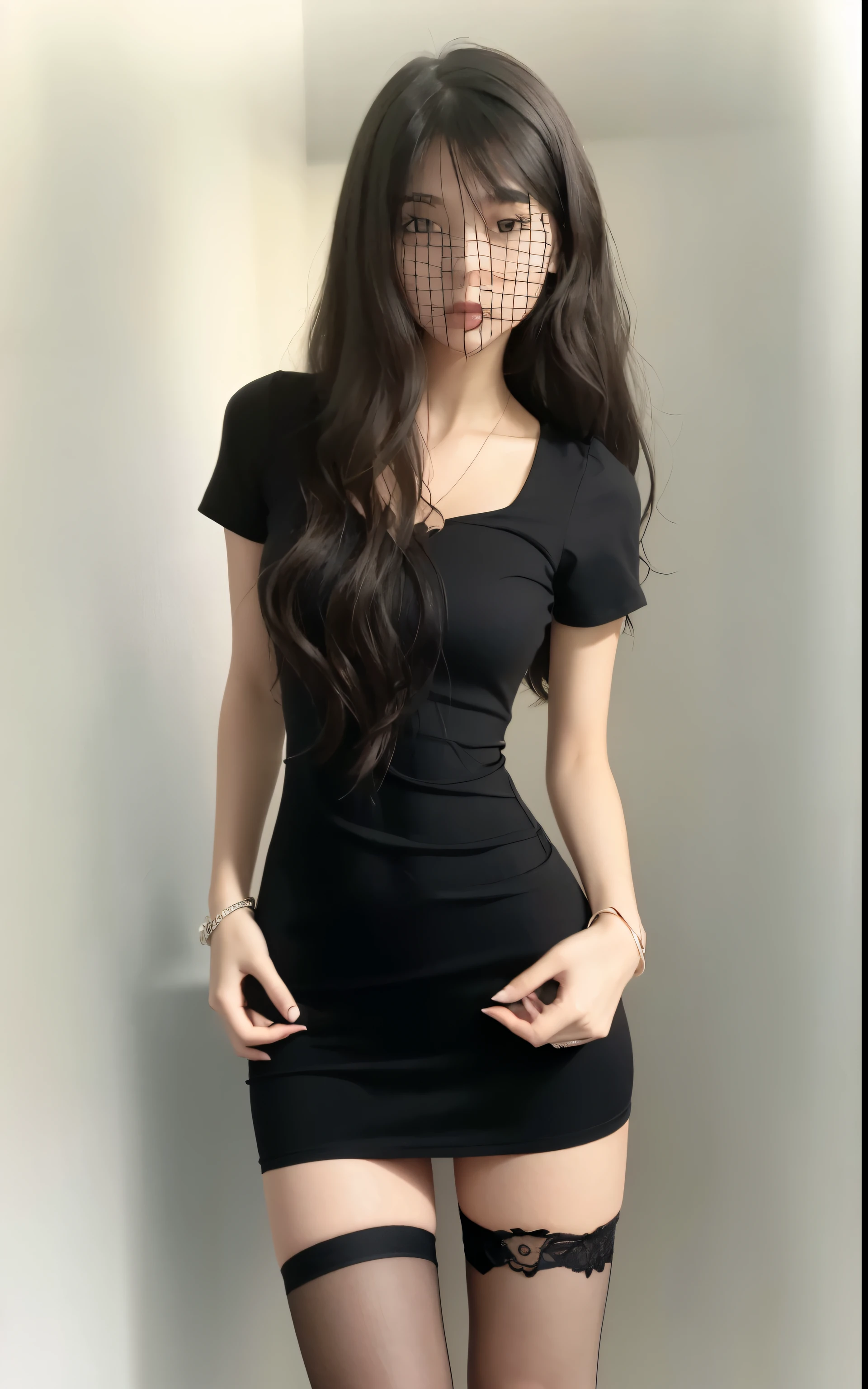 arafed woman in a Black dress and stockings posing for a picture, wearing a tight Black dress, she is wearing a Black dress, wearing Black dress, wearing a Black dress, photo of slim girl, 2 4 year old female model, Black dress, Black dress : : Symmetrical face, wearing an outfit, 2263539546]