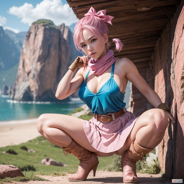 dragon ball, blmpony, 1girl, (one girl), aqua hair, (red) hair ribbon, braided ponytail, belt, scarf, (pink) skirt), brown gloves, medium breasts, detailed nipples, bulma, beautiful short woman, (symmetrical beautiful detailed eyes:1.2), small stature, underboobs, posing in front of rocks, mountains in the background, raw photo, highly detailed, ultra hd, 8k, pussy visible, (photorealistic, hyperdetailed:1.2), seductive look, skindentation, lustrous skin, (solo)