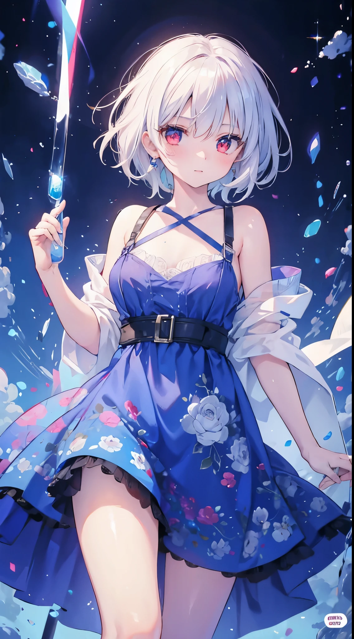 1 girl, short hair, white hair, red eyes, blue dress, portrait.