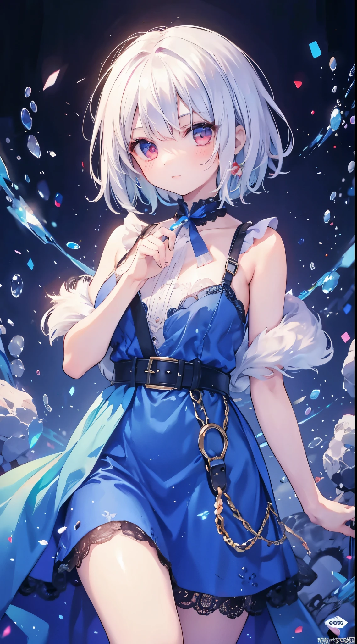 1 girl, short hair, white hair, red eyes, blue dress, portrait.