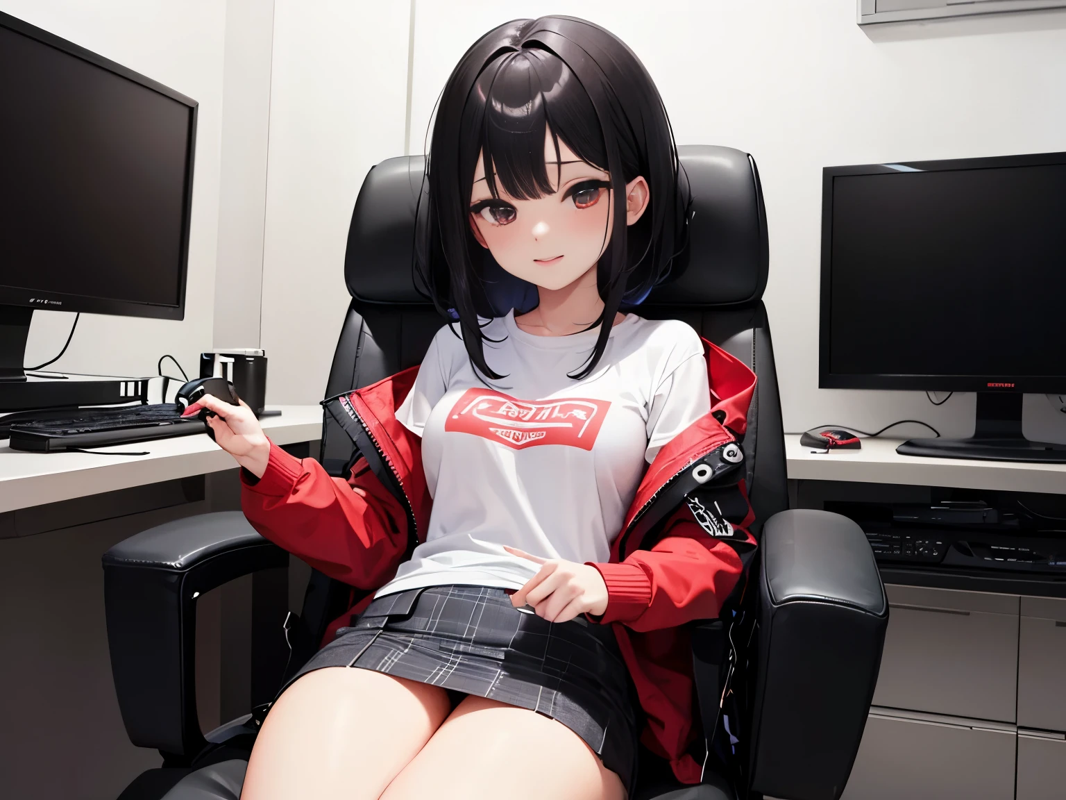 masterpiece 最hightquality hightquality One pretty woman a smile gamingroom darkened room Monitor Light inside in room parka checked skirt Medium Hair Game Distributor Gaming Chair sitting on