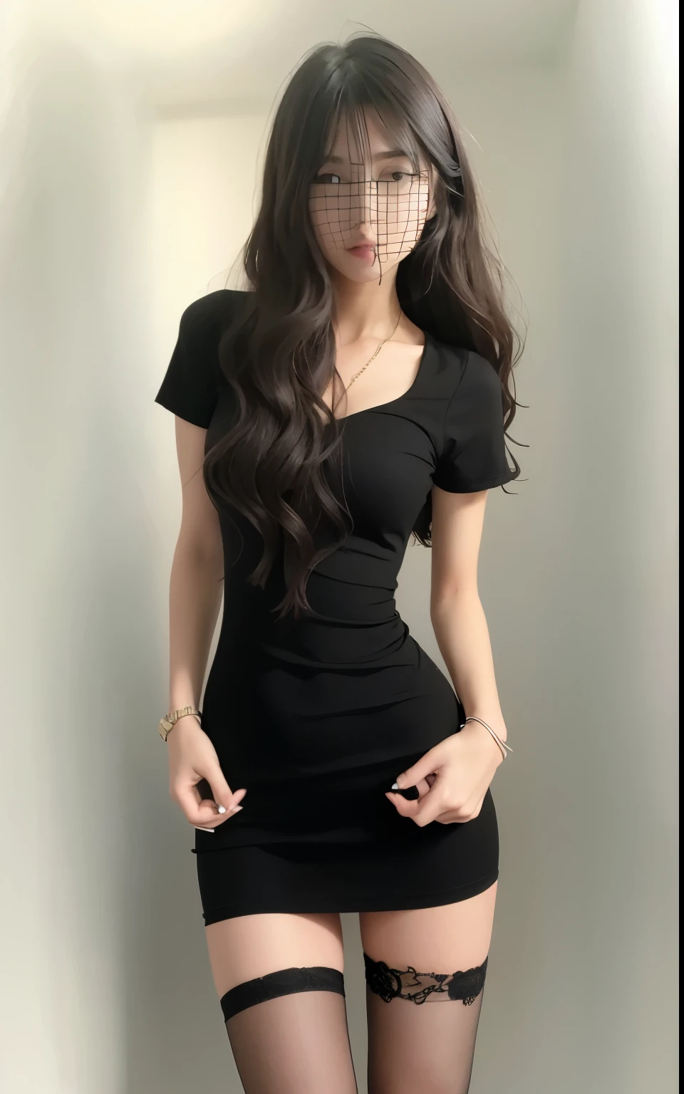 arafed woman in a Black dress and stockings posing for a picture, wearing a tight Black dress, she is wearing a Black dress, wearing Black dress, wearing a Black dress, photo of slim girl, 2 4 year old female model, Black dress, Black dress : : Symmetrical face, Wear clothes, 2263539546]