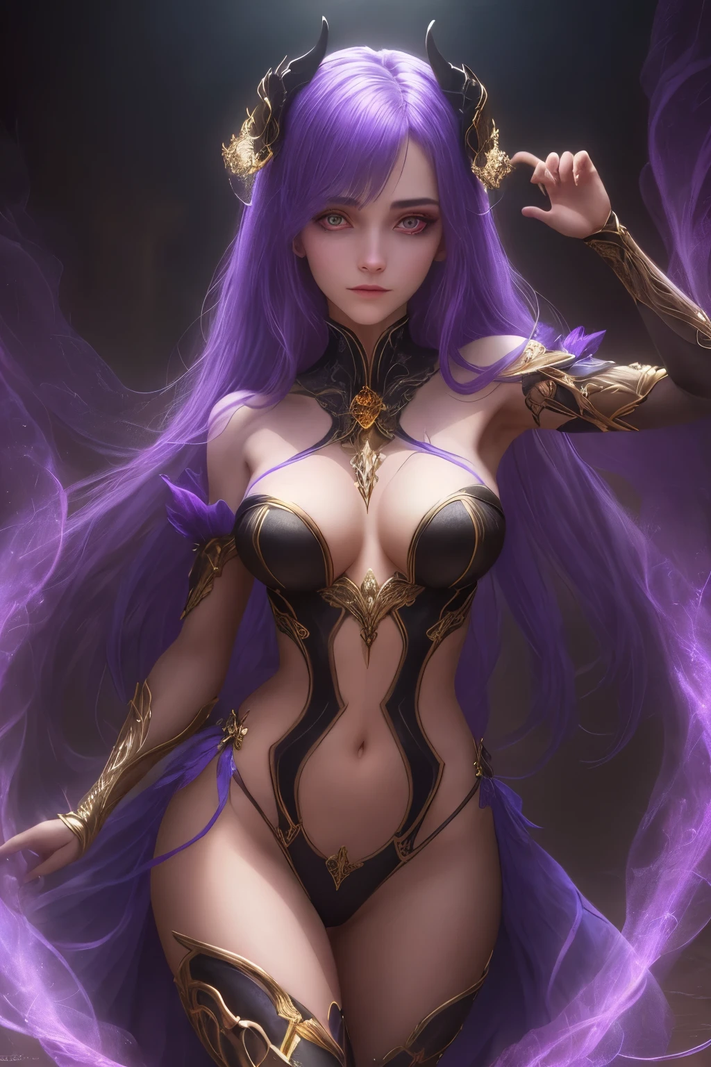 In a vividly enigmatic narrative, a mysterious augmented reality overlay in an dark unfolds, revealing a fantastical realm intertwining virtual and real worlds. She is extremely sexy and have cute face with alpurple mond-shaped eyes. Golden and violet colors dance with vibrant intensity, as if alive, and every stroke conveys a sense of ethereal beauty. The image pulsates with a lifelike energy, effortlessly capturing the viewer's gaze, while the level of detail immerses them into a tale of intrigue and wonder.